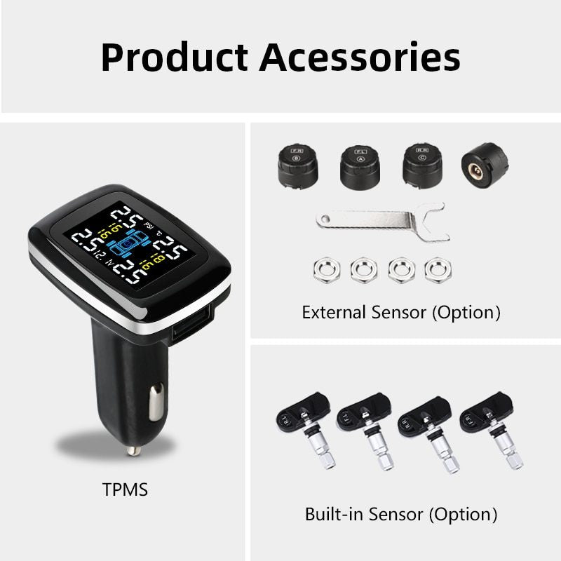 TPMS Four-wheel Independent Display Tire Pressure Detector Cigarette Lighter Tire Pressure Monitoring Display Wireless Tire Pressure Detector C100
