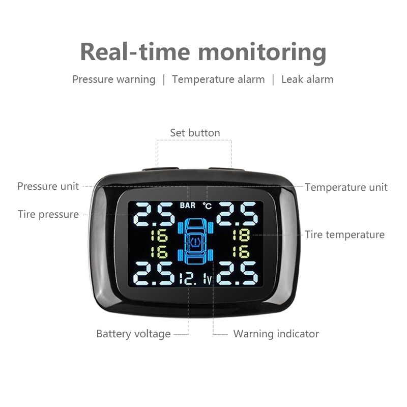TPMS Four-wheel Independent Display Tire Pressure Detector Cigarette Lighter Tire Pressure Monitoring Display Wireless Tire Pressure Detector C100