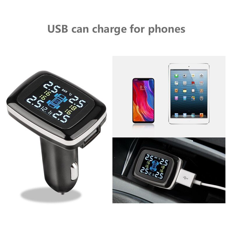 TPMS Four-wheel Independent Display Tire Pressure Detector Cigarette Lighter Tire Pressure Monitoring Display Wireless Tire Pressure Detector C100