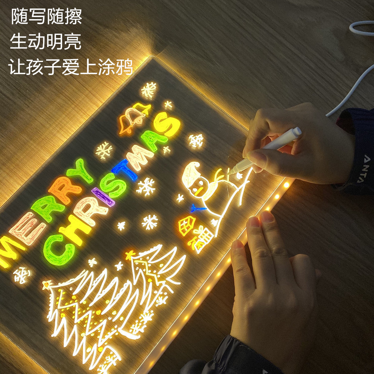Acrylic Erasable Note Board, with Light, Reminder, Message Display, for Home, Office, USB Plug, with 1 Writing Pen