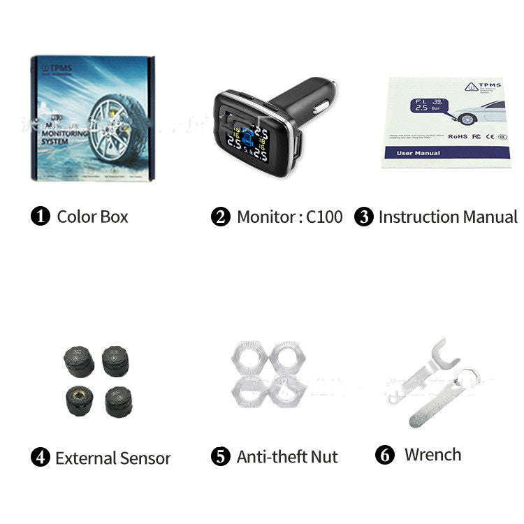 TPMS Four-wheel Independent Display Tire Pressure Detector Cigarette Lighter Tire Pressure Monitoring Display Wireless Tire Pressure Detector C100