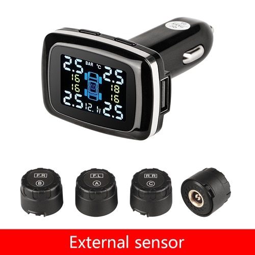 TPMS Four-wheel Independent Display Tire Pressure Detector Cigarette Lighter Tire Pressure Monitoring Display Wireless Tire Pressure Detector C100